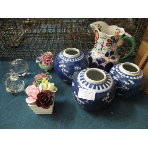 191 - A SELECTION OF PAPER WEIGHTS, GINGER JARS STYLE VASES, JUG AND THREE FLORAL BONE CHINA ORNAMENTS 2 A... 