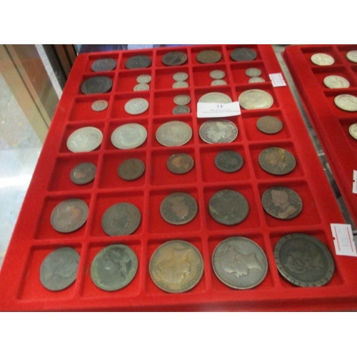 41 - 2 TRAYS OF COINS CONTAINING SILVER HALF CROWNS INCLUDING QUEEN ANNE, GEORGIAN HALF PENNIES, TOKENS A... 