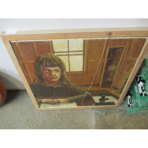 47 - DOUBLE PICTURE FRAMED TREE ON ONE SIDE AND A YOUNG GIRL WRITING ON THE OTHER