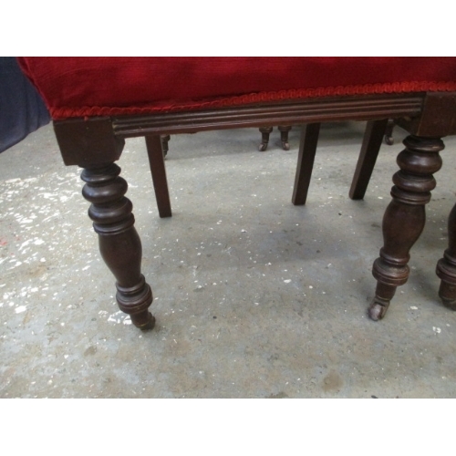 188 - 6 EDWARDIAN  MAHOGANY  DINING CHAIRS ON CASTERS WITH BURGUNDY  UPHOLSTERY