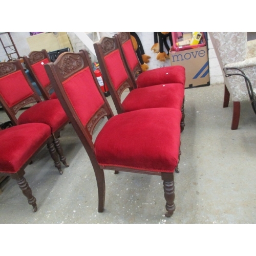 188 - 6 EDWARDIAN  MAHOGANY  DINING CHAIRS ON CASTERS WITH BURGUNDY  UPHOLSTERY