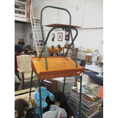 204 - VINTAGE CHILDS DESK AND MATCHING CHAIR, WOODEN WITH METAL LEGS