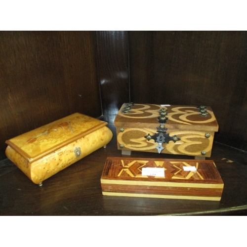 379 - MUSICAL JEWELLERY BOX, A WOODEN JEWELLERY BOX AND A PENCIL BOX WITH MARQUETRY INLAY