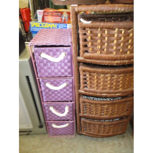 428 - WICKER 4 DRAWER STORAGE TOWER AND A PURPLE 3 DRAWER CANVAS STORAGE TOWER