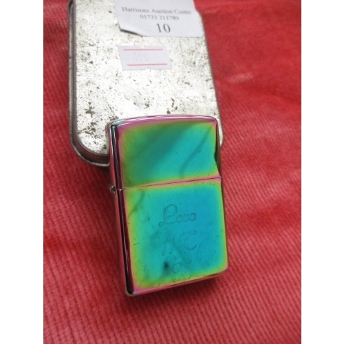 10 - ZIPPER LIGHTER IN TIN, ENGRAVED