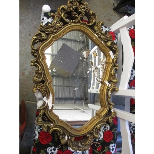 435 - ORNATE SHIELD SHAPED GOLD COLOURED MIRROR  FOR RESTORATION