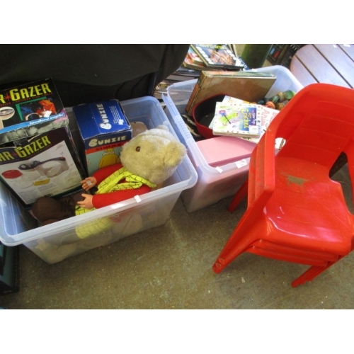 436 - 2 CRATES OF MIXED CHILDRENS TOYS AND 3 RED PLASTIC CHAIRS