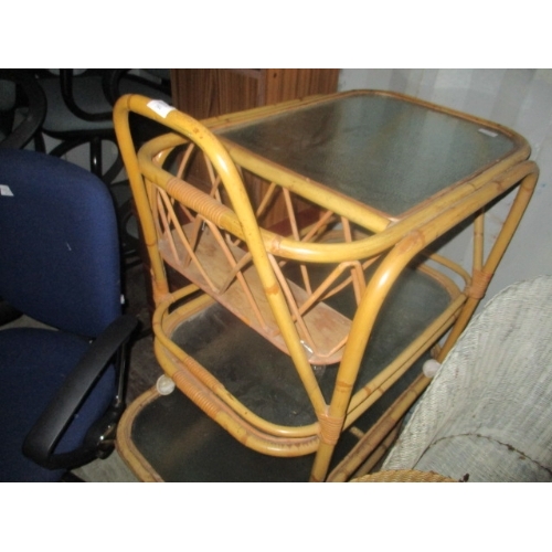 584 - BAMBOO AND GLASS TEA TROLLEY AND BAMBOO AND GLASS COFFEE TABLE