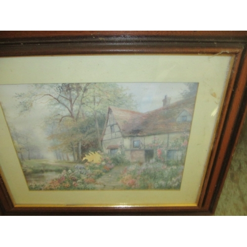 104 - 3 FRAMED BEVELEDGED MIRRORS AND A FRAMED AND GLAZED PRINT OF A THATCHED COTTAGE