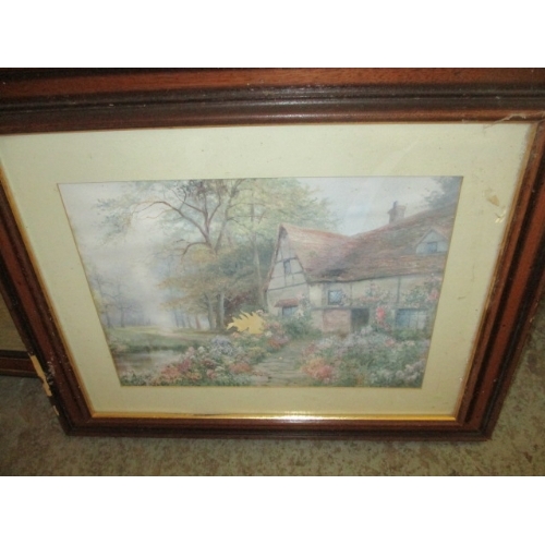 104 - 3 FRAMED BEVELEDGED MIRRORS AND A FRAMED AND GLAZED PRINT OF A THATCHED COTTAGE