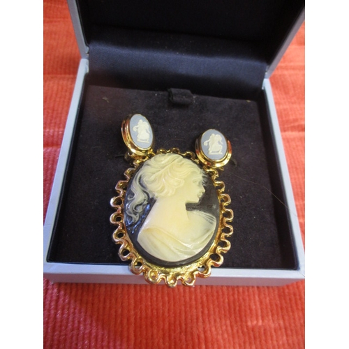 17 - GENUINE WEDGEWOOD CLIP ON EARRINGS BOXED  AND ANOTHER CAMEO BROOCH