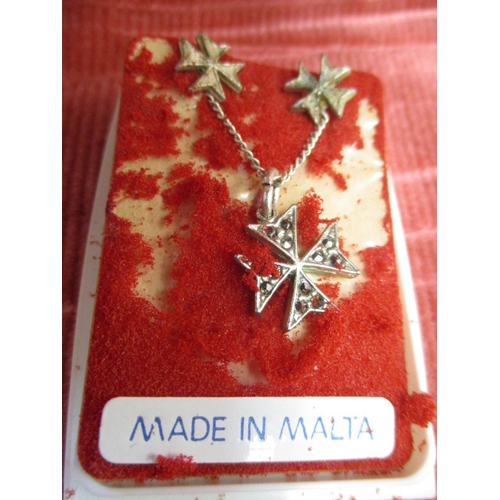 46 - MALTESE SILVER COLOURED CROSS NECKLACE WITH MARCASITE STONES AND A PAIR OF EARRINGS