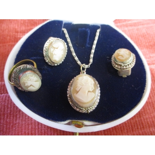 47 - SILVER COLOURED CAMEO SET RING, CLIP ON EARRINGS, AND NECKLACE