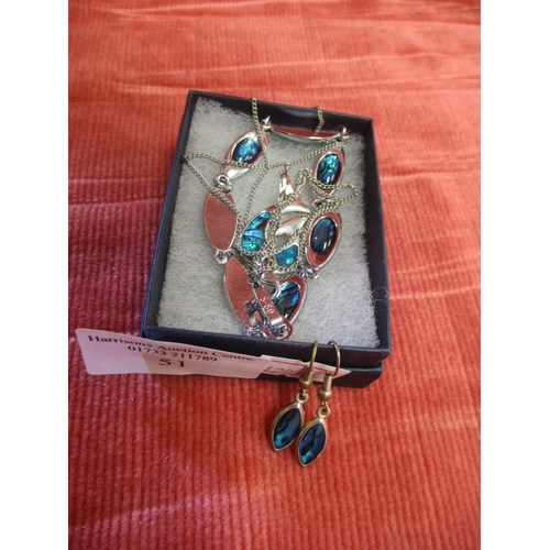 51 - SILVER COLOURED NECKLACE BRACELET AND EARRINGS SET WITH BLUES COLOURED SEMI PRECIOUS STONES