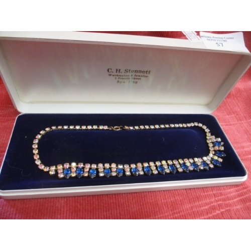 57 - VINTAGE DIAMANTE NECKLACE WITH BLUE AND WHITE STONES IN BOX