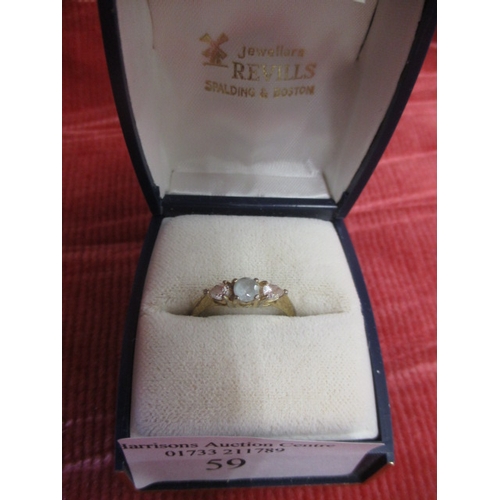 59 - GOLD COLOURED DRESS RING WITH WHITE AND PALE BLUE STONE SIZE N