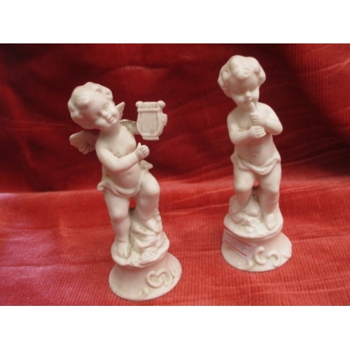 159 - 2 BRONZE EFFECT BALLERINA FIGURES, 2 WHITE CUPIDS AND ANOTHER BALLERINA FIGURE