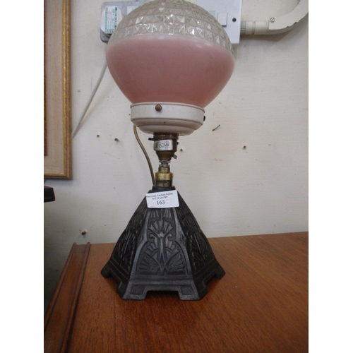 163 - ARTS AND CRAFT STYLE TABLE LAMP WITH PINK AND WHITE MOULDED GLASS GLOBE AND METAL BASE