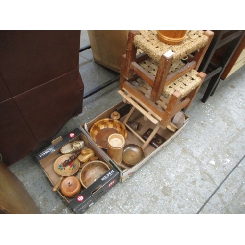 377 - 2 BOXES OF TREEN ITEMS BOWLS, FRUIT BOWL, DUCK,  2 STOOLS AND SMALL LOW SIDE TABLE ETC