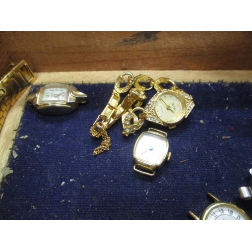 109 - A CARVED BOX CONTAINING LADIES WATCHES ACCURIST, RAYMOND WEIL, ROTARY ETC