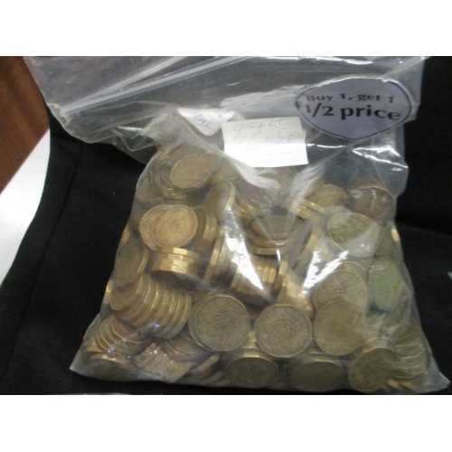 110 - A HEAVY BOX OF BRASS THREE PENCES AND PENNIES - HUNDREDS