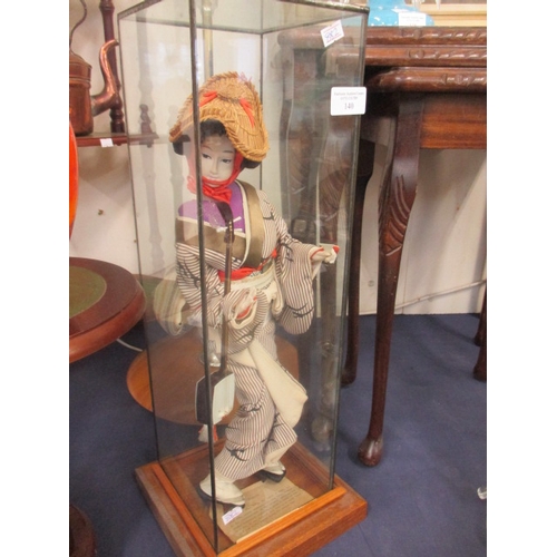 140 - JAPANESE  FEMALE MUSICIAN WITH SAMISEN (BELIEVED TO BRING GOOD LUCK) FIGURE IN GLASS CASE