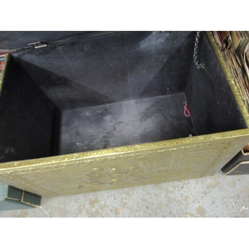 156 - WOODEN LOG BOX WITH OUTER BRASS COVERING