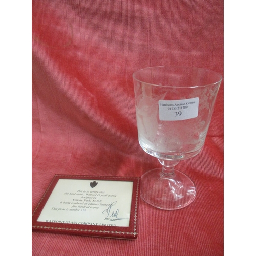 39 - LIMITED EDITION  111 OF 500 WATFORD CRYSTAL GOBLET BY FELICITY PECK M.B.E. ENGRAVED WITH A FAWN