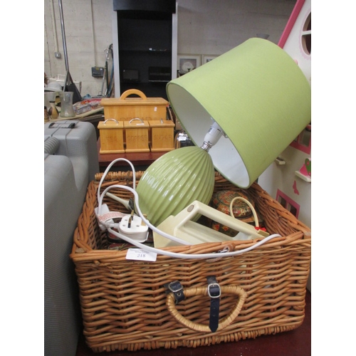 218 - WICKER BASKET, VINTAGE TINS, LAMP ETC