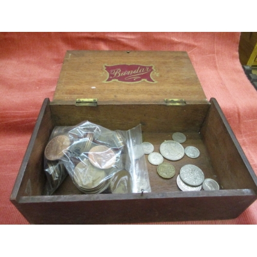 11 - SMALL WOODEN  BOX WITH BANDAR PRINTED TO TOP WITH COLLECTION OF PRE DECIMAL COINS INCLUDING SIXPENCE... 