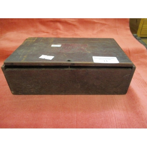 11 - SMALL WOODEN  BOX WITH BANDAR PRINTED TO TOP WITH COLLECTION OF PRE DECIMAL COINS INCLUDING SIXPENCE... 