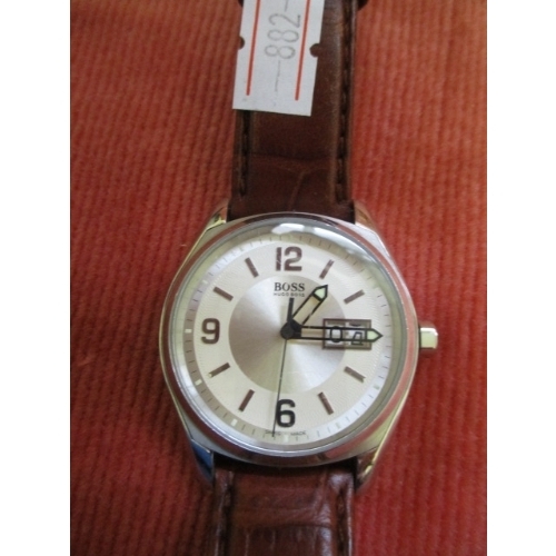 34 - HUGO BOSS WATCH WITH GENUINE BROWN LEATHER WATCH STRAP