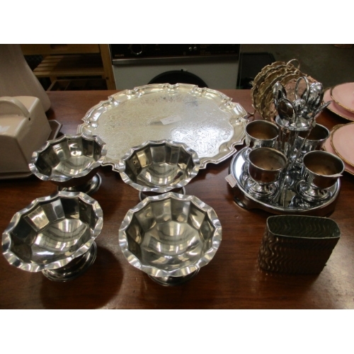 363 - DECORATIVE SILVERPLATE TRAY AND COASTERS PLUS EGG CUP SET AND 4 SUNDAE DISHES