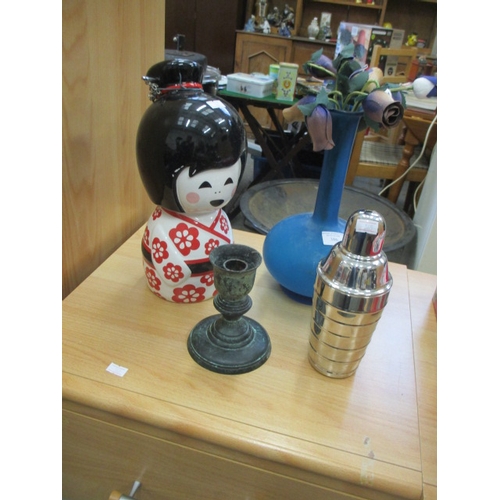 386 - MIXED - CHINESE GIRL MONEY BOX, CANDLE STICK, VASE AND COCKTAIL SHAKER