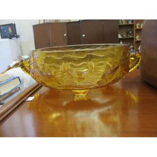 389 - LARGE AMBER BOWL WITH HANDLES,  ADORNED WITH FISH AND CRABS