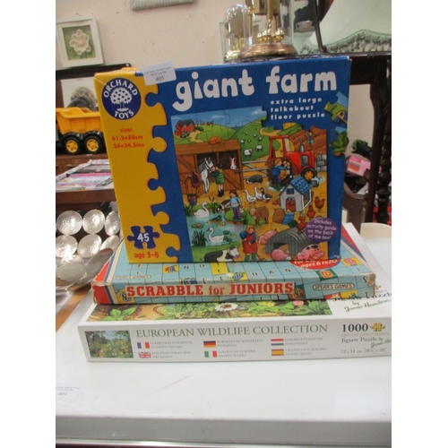 405 - GIANT FARM JIGSAW, JUNIOR SCRABBLE AND EUROPEAN WIDLIFE PUZZLE