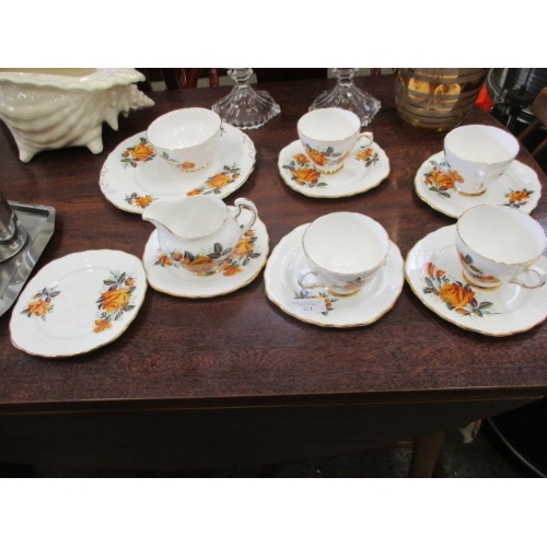 421 - COLCLOUGH PART TEASET WITH ORANGE ROSE AND GOLD TRIM DESIGN