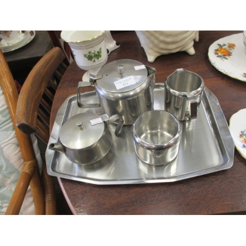 423 - RETRO STAINLESS STEEL TEA SET ON A TRAY