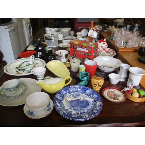 445 - TABLE TOP OF MIXED  ITEMS - CHINA, TINS, TELEPHONE, HAIRDRYER, RED HEART DISH, ETC