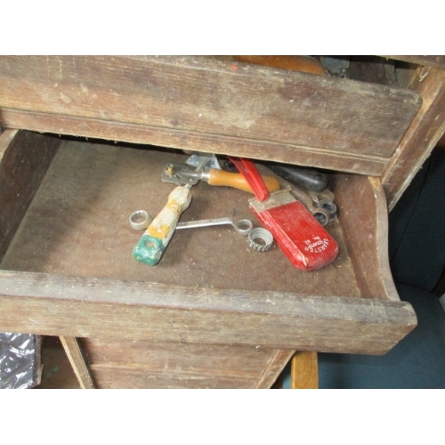 574 - VICTORIAN FILE DRAWER FOR RESTORATION AND WITH CONTENTS OF TOOLS