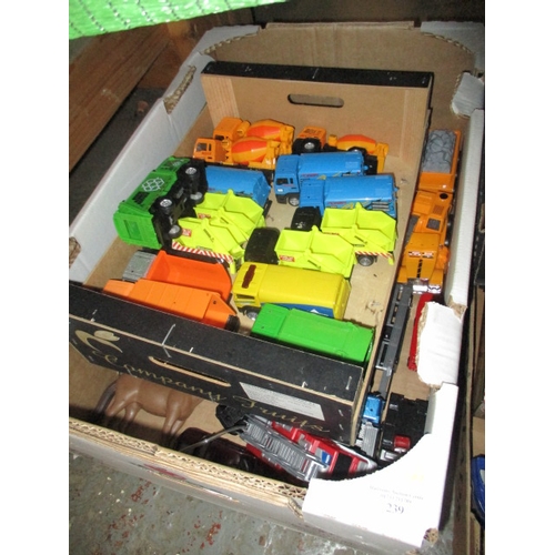 239 - 7 BOXES OF MIXED CARS AND TRUCKS