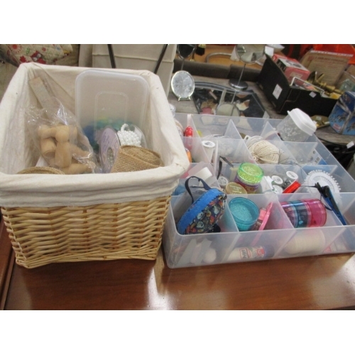 272 - WICKER BASKET AND SECTIONAL BOX WITH HABERDASHERY SEWING AND CRAFT ITEMS