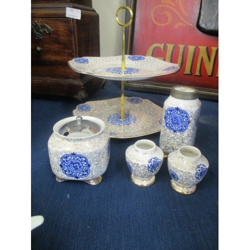 62 - VINTAGE BLUE AND GOLD PATTERN 2 TIER CAKE STAND JAM POT 2 SMALL POSY VASES AND ONE OTHER 