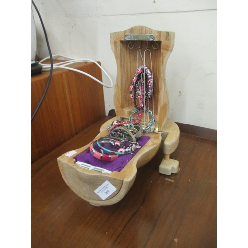 198 - WOODEN JEWELLERY BOX WITH SELECTION OF COSTUME JEWELLERY