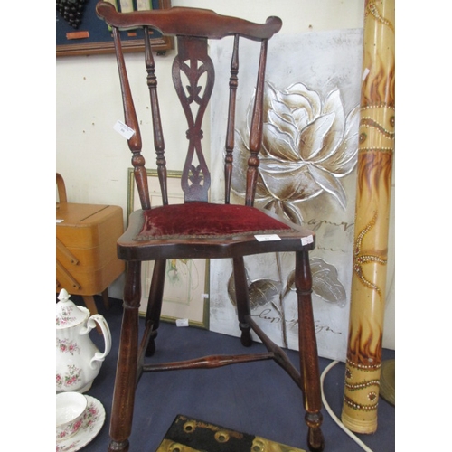 84 - VICTORIAN BEECH FRAMED SERPENTINE SEATING WITH FRETWORK BACK DINING CHAIR