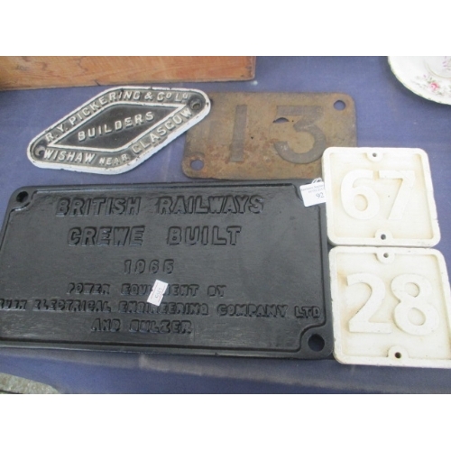 92 - BRITISH RAILWAY SIGNAGE NUMBERING PLATES, BUILT PLATES ETC