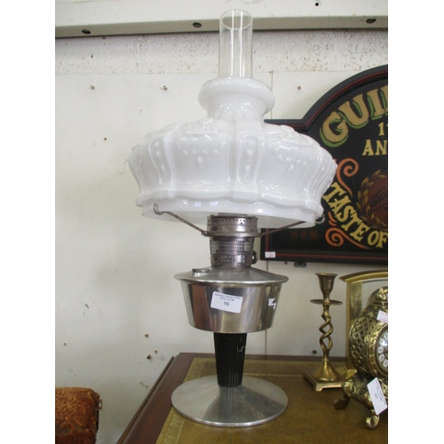 98 - A STAINLESS STEEL AND WHITE GLASS VINTAGE OIL LAMP