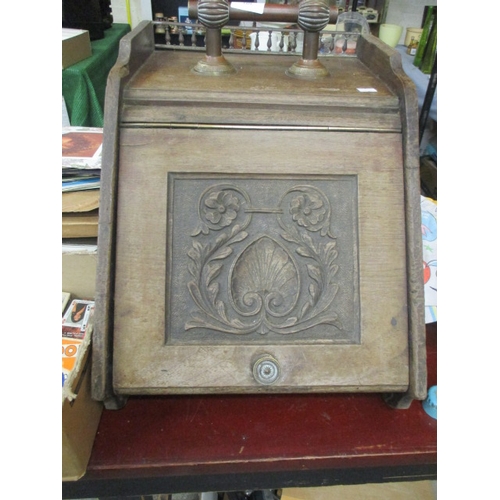 169 - CARVED OAK LOG/COAL BOX  WITH GALLERIED DETAIL AND BRASS HANDLE