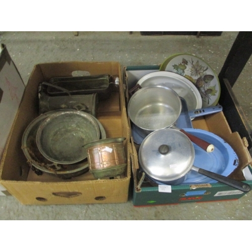 172 - 2 BOXES OF MIXED COPPER, ENAMEL, BRASS ETC