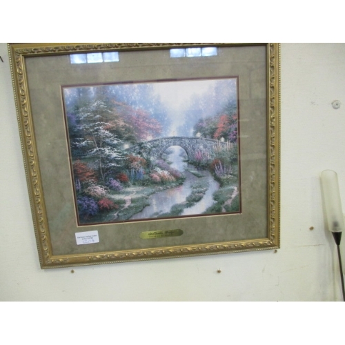 113 - STILLWATER BRIDGE BY THOMAS KINKADE, FRAMED AND GLAZED PRINT